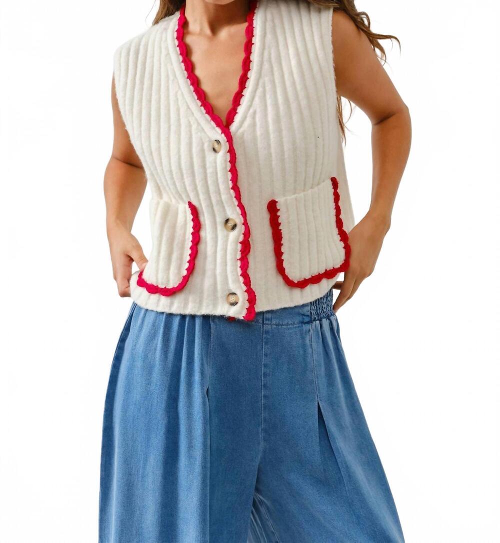 NEW AARON & AMBER binding sweater vest in off white/ red